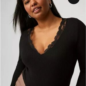 Torrid Black V-Neck Long Sleeve Shirt with Lace Trim